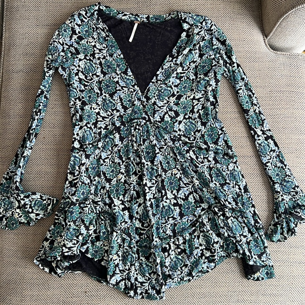 Free People Olivia Deep Sea Combo Tunic Top Mini Dress XS Long Sleeve Floral - Picture 2 of 4
